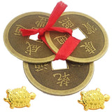 Divya Mantra Japanese Lucky Charm Turtle Pair & Feng Shui Chinese Lucky Fortune I-Ching Dragon Coin Home Decor Ornaments Wealth Charm Amulet Three Bronze Metal Coins with Hole & Red Ribbon Knot – Gold - Divya Mantra