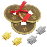 Divya Mantra Japanese Lucky Charm Turtle Pair & Feng Shui Chinese Fortune I-Ching Dragon Coin Home Decor Ornaments Wealth Charm Amulet 3 Bronze Metal Coins with Hole & Red Ribbon Knot – Gold, Silver - Divya Mantra