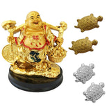 Divya Mantra Japanese Asakusa Temple Lucky Charm Turtle 2 Pairs Home Decor Statues & Feng shui Happy Man Laughing Buddha Holding Wealth Coin, Ingots for Attracting Money, Financial Luck - Gold, Silver - Divya Mantra