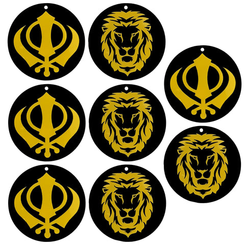 Divya Mantra Sikh Khanda for Car Home Wall Decor Temple Pooja Items Sacred Religious Decorative Showpiece Interior Hanging Accessories Sher Symbol Lucky Charm - Double Sided, Black, Yellow - Set Of 4 - Divya Mantra