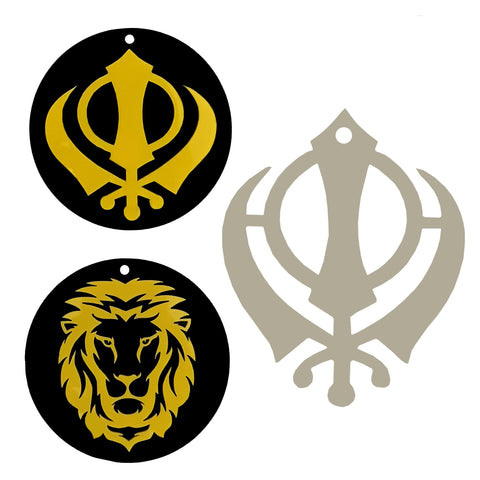 Divya Mantra Sikh Khanda Sher for Car Home Wall Decor Temple Items Sacred Religious Decorative Showpiece Interior Hanging Accessories Puja Symbol Lucky Charm - Double Sided, Yellow, Silver - Set Of 2 - Divya Mantra