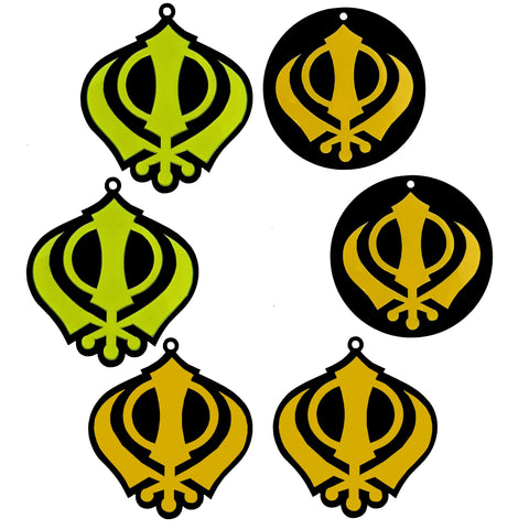 Divya Mantra Sikh Khanda for Car Home Wall Decor Temple Pooja Items Sacred Religious Decorative Showpiece Interior Hanging Accessories Puja Symbol Lucky Charm - Double Sided, Green, Yellow - Set Of 6 - Divya Mantra