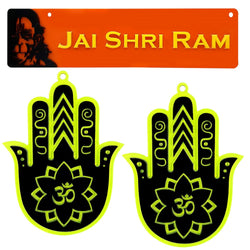 Hanuman Jai Shri Ram Hindu Home Wall Decor Om Hamsa Hand Nazar Battu Sticker Entrance Door Symbol Pooja Items Decorative Showpiece Decoration Interior Accessories - Set of 3