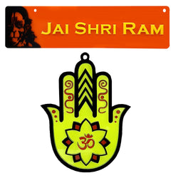 Sri Hanuman Jai Shri Ram Hindu Home Wall Decor Om Hamsa Hand Nazar Battu Sticker Entrance Door Symbol Pooja Items Decorative Showpiece Decoration Interior Accessories - Set of 2