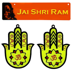Sri Hanuman Jai Shri Ram Hindu Home Wall Decor Om Hamsa Hand Nazar Battu Sticker Entrance Door Symbol Pooja Items Decorative Showpiece Decoration Interior Accessories - Set of 3