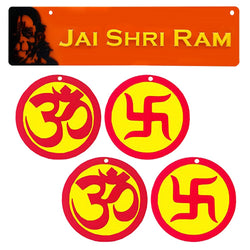Sri Hanuman Jai Shri Ram Hindu Home Wall Decor Om Swastik Sticker Entrance Door Symbol Pooja Items Decorative Showpiece Decoration Interior Good Luck Accessories - Set of 3