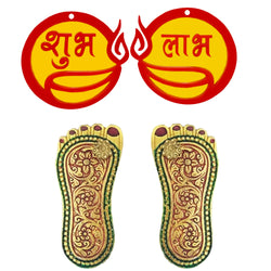 Divya Mantra Sri Laxmi Charan Paduka Feet Door Stickers Shubh Labh Diya Hindu Home Wall Decor Sticker Entrance Door Symbol Pooja Items Decorative Showpiece Decoration Accessories - Multi - Set of 2 - Divya Mantra
