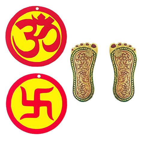 Divya Mantra Sri Laxmi Charan Paduka Feet Door Stickers Om Swastik Indian Mandir Home Wall Decor Hindu Temple Pooja Items Vastu Decorative Car Hanging Diwali Puja Double Sided Symbol - Multi- Set of 2 - Divya Mantra