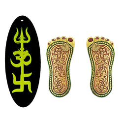 Divya Mantra Sri Laxmi Charan Paduka Feet Door Stickers Trishakti Yantra Sri Shiva Trishul, Om Sign, Swastik Good Luck Charm Double Sided Green Home Wall Decor Vastu Car Hanging - Multi- Set of 2 - Divya Mantra