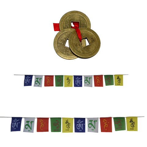 Divya Mantra Combo Of Tibetian Buddhist Prayer Flags For Car and Motorbike With Three Chinese Coins - Divya Mantra