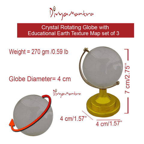 Divya Mantra Feng Shui Crystal Rotating 4 cm Globes Set of 3 with Educational Earth Texture Map-Students, Kids, Home, Office, Table Decoration-Career, Financial, Business Luck, Gift Item/Product-Clear - Divya Mantra