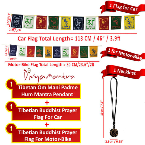 Divya Mantra Combo Of Om Mani Padme Hung Mantra Pendant Necklace and Tibetan Prayer Flags For Bike and Car - Divya Mantra