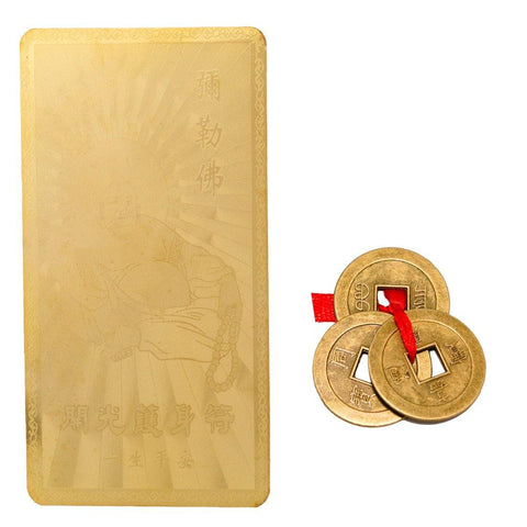 Divya Mantra Combo Of Feng Shui Buddha Good Luck Card Gold and Three Lucky Chinese Coins - Divya Mantra