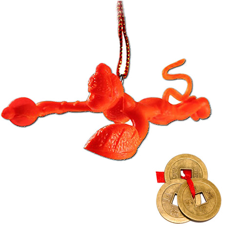 Divya Mantra Combo Of Orange Flying Hanuman Car Mirror Hanging and Three Feng Shui Chinese Lucky Coins - Divya Mantra