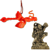 Divya Mantra Sri Hindu God Hindu God Bajrang Bali Idol Sculpture Statue Murti, Orange Flying Hanuman Car Rear View Mirror Hanging Interior Accessories & Sri Hanuman Keychain -Bike/Car/ Home; Gift Set - Divya Mantra