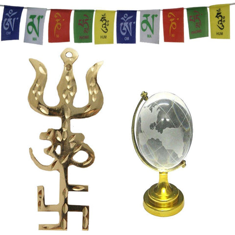 Divya Mantra Combo Of Feng Shui Globe and Trishakti Wall Hanging With Tibetan Mantra Flag For Car - Divya Mantra
