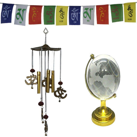 Divya Mantra Combo Of Feng Shui Om Rudraksha Wind Chime, Tibetan Mantra Flag For Motorbike and Feng Shui Globe - Divya Mantra