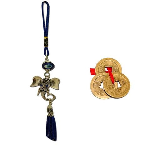 Divya Mantra Car Decoration Rear View Mirror Hanging Accessories Evil Eye Ganesha Head and Three Chinese Coins For Luck - Divya Mantra