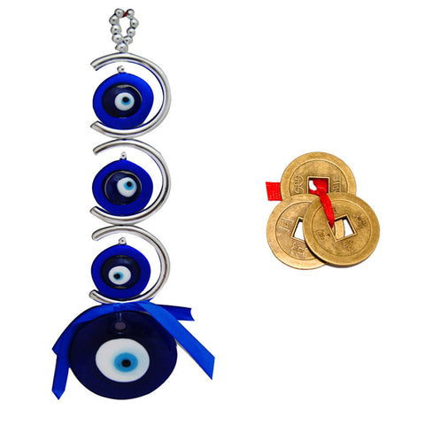 Divya Mantra Evil Eye Protection Amulet Car / Wall Hanging and Three Chinese Coins For Luck - Divya Mantra