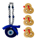 Divya Mantra Car Decoration Rear View Mirror Hanging Accessories Evil Eye Amulet and Three Chinese Coins Combo of 3 Set For Luck - Divya Mantra