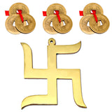 Divya Mantra Hindu Lucky Symbol Swastik Pure Brass Wall Hanging For Vastu and Good Luck and Three Chinese Coins Combo of 3 Set For Luck - Divya Mantra