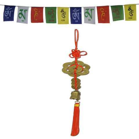 Divya Mantra Car Decoration Rear View Mirror Hanging Accessories Feng Shui Coins Bell and and Tibetan Buddhist Prayer Flags for Car - Divya Mantra