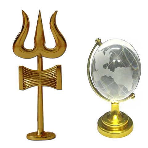 Divya Mantra Traditional Trishul (Trident) Damru with Stand Brass Statue For Car Dashboard / Puja Ghar and and Feng Shui Crystal Globe for Success - Divya Mantra