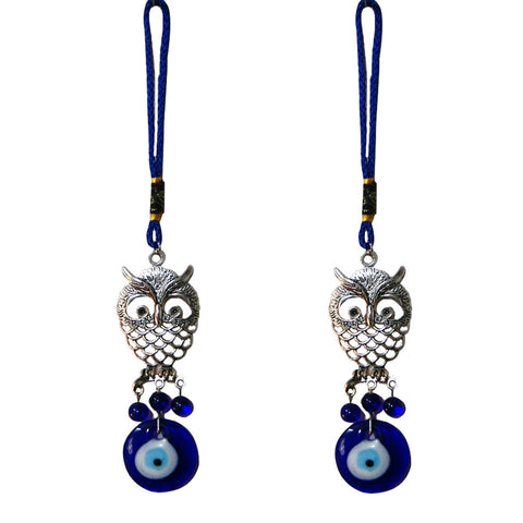 Divya Mantra Decorative Evil Eye Owl Pendant Amulet for Car Rear View Mirror Decor Ornament Accessories/Good Luck Charm Protection Interior Wall Hanging Showpiece Set of 2 Blue - Divya Mantra
