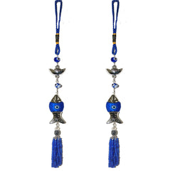 Divya Mantra Decorative Evil Eye Fish Feng Shui Ingot Pendant Amulet for Car Rear View Mirror Decor Ornament Accessories/Good Luck Charm Protection Interior Wall Hanging Showpiece - Blue, Set of 2 - Divya Mantra