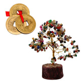 Divya Mantra Feng Shui Natural Multicolor Healing Gemstone Crystal Bonsai Fortune Tree and Three Lucky Chinese Coins with Red Ribbon for Good Luck, Wealth & Prosperity - Divya Mantra