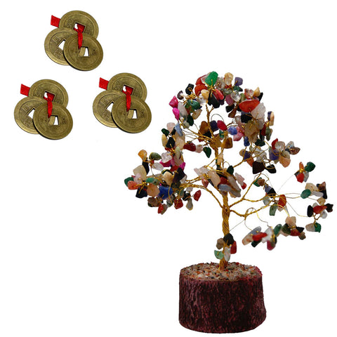 Divya Mantra Feng Shui Natural Multicolor Healing Gemstone Crystal Bonsai Fortune Tree and Set of 3 Three Lucky Chinese Coins with Red Ribbon for Good Luck, Wealth & Prosperity - Divya Mantra