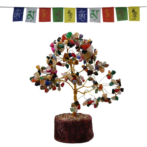 Divya Mantra Feng Shui Natural Multicolor Healing Gemstone Crystal Bonsai Fortune Tree for Good Luck, Wealth & Prosperity and Tibetan Buddhist Prayer Flags For Car / Motorbike - Divya Mantra