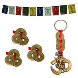 Divya Mantra Tibetan Prayer Flag for Car / Motorbike, Chinese Feng Shui I-Ching Good Luck Coin for Fortune, Success & Prosperity Set of 3 and Om Ganesha with Three Feng Shui I-Ching Coin Keychain Combo Pack - Divya Mantra