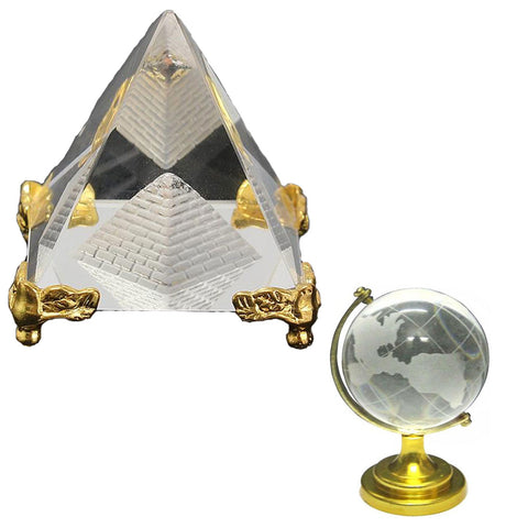 Divya Mantra Feng Shui Globe For Success and Crystal Glass Pyramid with Golden Stand For Spiritual Healing, Vastu Correction and Balancing 4 cm - Combo Pack - Divya Mantra