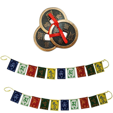 Divya Mantra Combo Of Feng Shui Three Lucky Chinese 2" Coins with Red Ribbon for Money, Wealth & 2 Tibetan Buddhist Om Mani Padme Hum Positive Vibes Prayer Flags for Car/Motorbike -3 Feet Multicolor - Divya Mantra