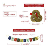 Divya Mantra Combo Of 5 Feng Shui Three Lucky Chinese 1" Coins with Red Ribbon for Money, Wealth & 3 Tibetan Buddhist Om Mani Padme Hum Positive Vibes Prayer Flags for Car/Motorbike -3 Feet Multicolor - Divya Mantra