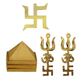 Divya Mantra Combo of Vastu Wish Multilayered 1" Zinc Pyramid, Hindu Lucky Symbol Swastika in Pure Brass & Set of 2: Trishul Om Swastika Trishakti Yantra Wall Hanging Showpiece - Golden - Divya Mantra