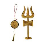 Divya Mantra Combo of Traditional Trishul (Trident) Damru with Stand Pure Brass Statue for Puja Ghar / Car Dashboard & Sri Shiva Parivar Rear View Mirror Wall Hanging Interior Decor Accessories Set - Divya Mantra