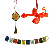 Divya Mantra Combo Of Tibetan Buddhist Om Mani Padme Hum Positive Vibes Prayer Flags; Sri Hindu Ram Sita Laxman Hanuman Talisman Amulet/ Orange Flying Hanuman Car Rear View Mirror Hanging Gift Pack - Divya Mantra