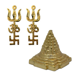 Divya Mantra 2 Trishul Om Swastika Trishakti Yantra Hindu Brass Wall Hanging Showpiece Ornament & Sri Meru Prastha Shree Yantra Vastu /Home / Decoration / Items / Products / Puja Room/ Good Luck - Set - Divya Mantra
