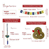 Divya Mantra 3 Three Lucky Chinese 1"Coins with Red Ribbon - Money Wealth Luck; Tibetan Buddhist Om Mani Padme Hum Positive Vibes Prayer Flags & Evil Eye Blue Heart Beat Pendant Amulet for Car - Set - Divya Mantra