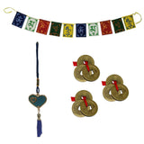 Divya Mantra 3 Three Lucky Chinese 1"Coins with Red Ribbon - Money Wealth Luck; Tibetan Buddhist Om Mani Padme Hum Positive Vibes Prayer Flags & Evil Eye Blue Heart Beat Pendant Amulet for Car - Set - Divya Mantra