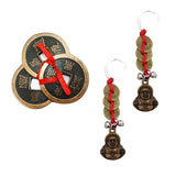 Divya Mantra Feng Shui I-Ching Amulet Antique 3 Chinese 2" Coins for Good Luck / Money and Wealth; Set of 2 Laughing Buddha / Happy Man Keychains for Bike / Car / Home Combo Gift Items / Products Pack - Divya Mantra