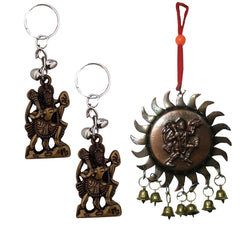 Divya Mantra Sri Hindu God Hanuman Rear View Mirror Decor Ornament Accessories /Good Luck Charm Interior Wall / Door Vastu Surya Hanging Showpiece & Gift Set of 2 Hanuman Keychains for Bike/Car/Home - Divya Mantra