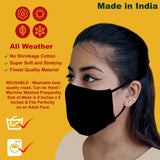 Washable Reusable Black Face Masks Double Layer Cotton Stretchable Super Soft Face Mask Health Protection Skin Care Unisex Mouth Filter Facemask, Made in India, All Day Nose to Chin Cover