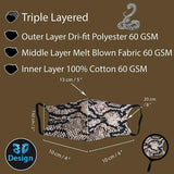 Face Mask Washable Reusable Snake Print Fabric 3 Layer Masks For Health Protection n Skin Care Unisex Mouth Filter Facemask, Soft Dri-Fit Cotton, Nose to Chin Mud & Pollution Dust Cover - SET OF 3 - Divya Mantra