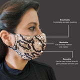 Face Mask Washable Reusable Snake Print Fabric 3 Layer Masks For Health Protection n Skin Care Unisex Mouth Filter Facemask, Soft Dri-Fit Cotton, Nose to Chin Mud & Pollution Dust Cover - SET OF 5 - Divya Mantra