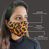 Face Mask Washable Reusable Leopard Print Fabric 3 Layer Masks For Health Protection n Skin Care Unisex Mouth Filter Facemask, Soft Dri-Fit Cotton, Nose to Chin Mud & Pollution Dust Cover - SET OF 3 - Divya Mantra