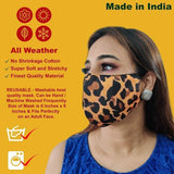 Face Mask Washable Reusable Leopard Print Fabric 3 Layer Masks For Health Protection n Skin Care Unisex Mouth Filter Facemask, Soft Dri-Fit Cotton, Nose to Chin Mud & Pollution Dust Cover - SET OF 5 - Divya Mantra