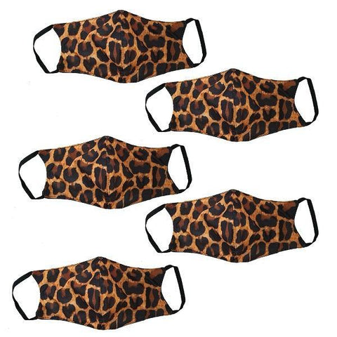 Face Mask Washable Reusable Leopard Print Fabric 3 Layer Masks For Health Protection n Skin Care Unisex Mouth Filter Facemask, Soft Dri-Fit Cotton, Nose to Chin Mud & Pollution Dust Cover - SET OF 5 - Divya Mantra